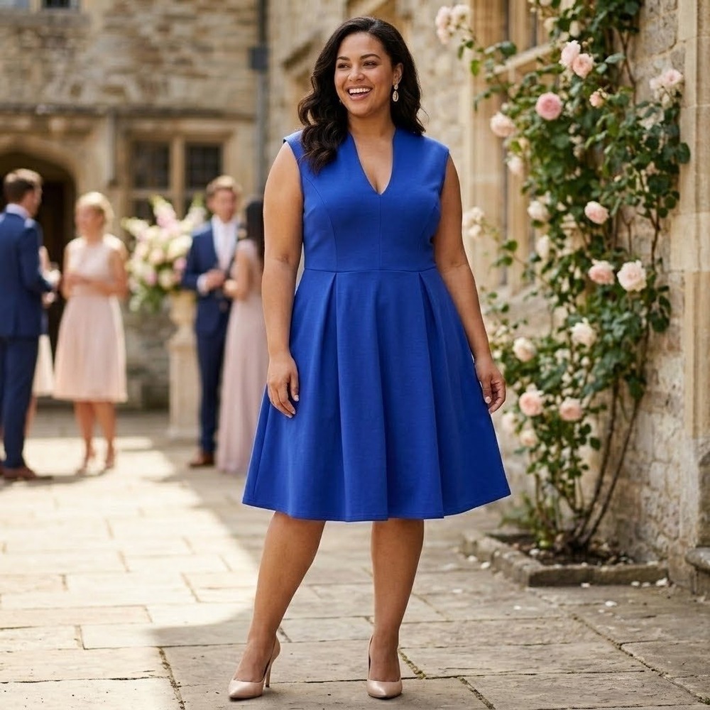 Soprano Fit and Flare Dress Womens 3X Blue Pleated Formal Event Wedding Guest